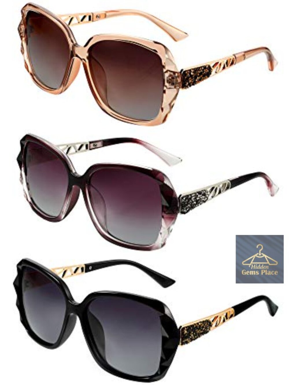 Oversized Rhinestone Sunglasses 3 Pack - Classic Vintage Style for Women